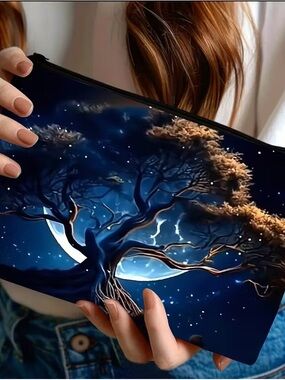 Moonlight Tree Makeup Bag Travel Cosmetic Pouch Zipper Organizer Night Sky 8.3in